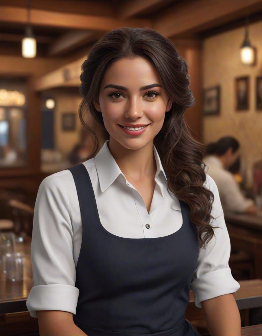 Elegant Hispanic Waitress in Fantastical Restaurant Scene