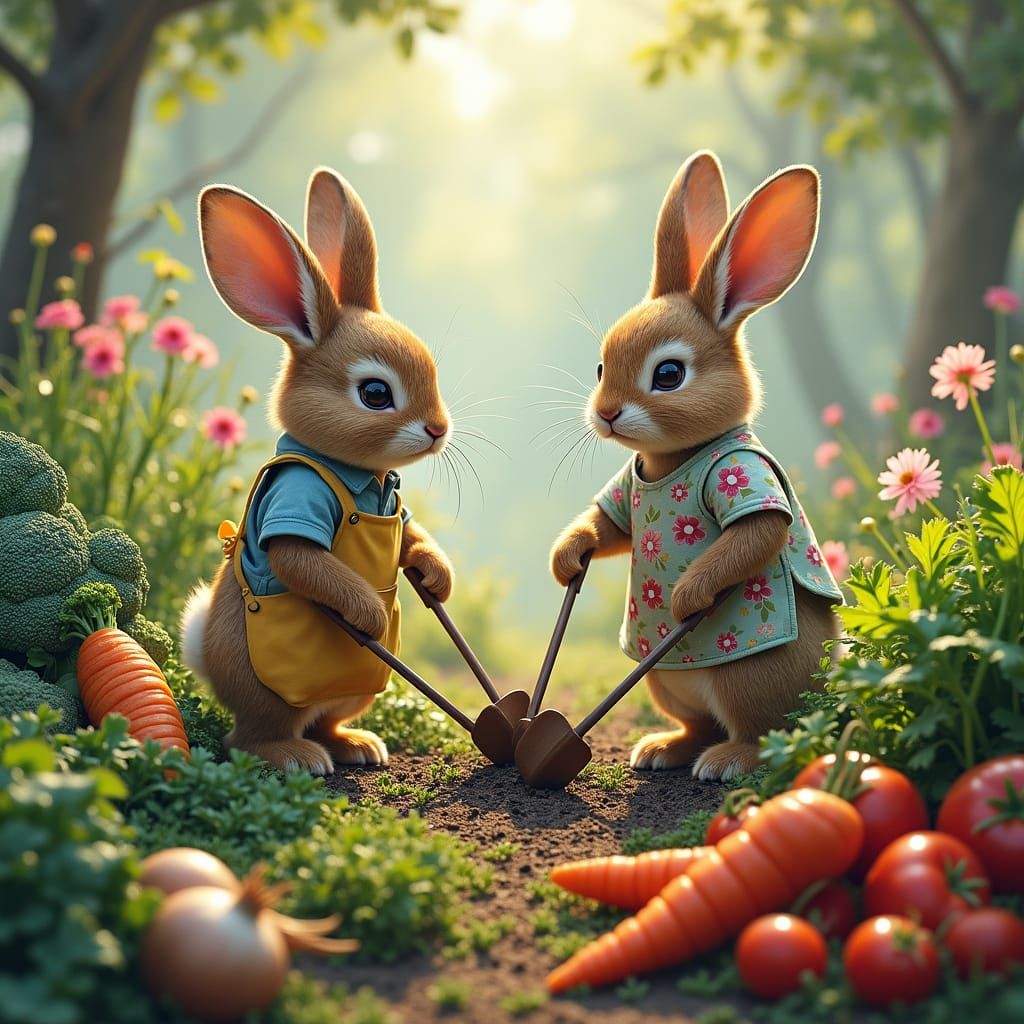 Rabbits Harvesting Vegetables in Storybook Garden