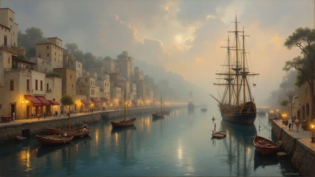 Historic Harbor Scene at Twilight with Sailing Vessels