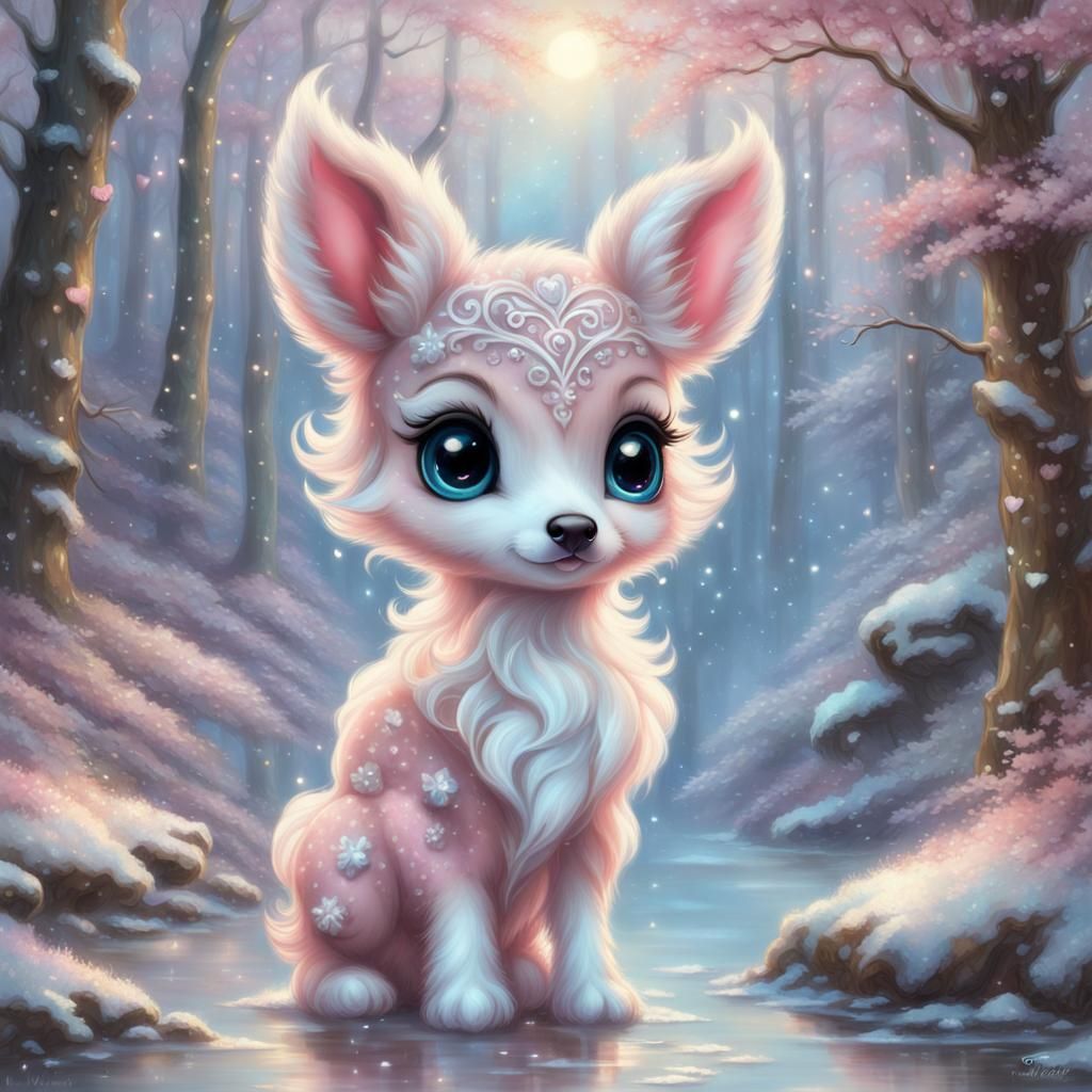cute pink blue fawn chibi, big sparkly eyes snowy white hear...