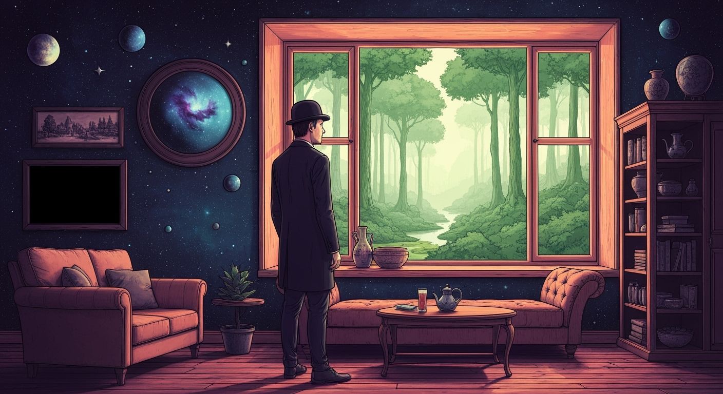 Man in Bowler Hat Gazes into Surreal Forest Cosmos Living Ro...