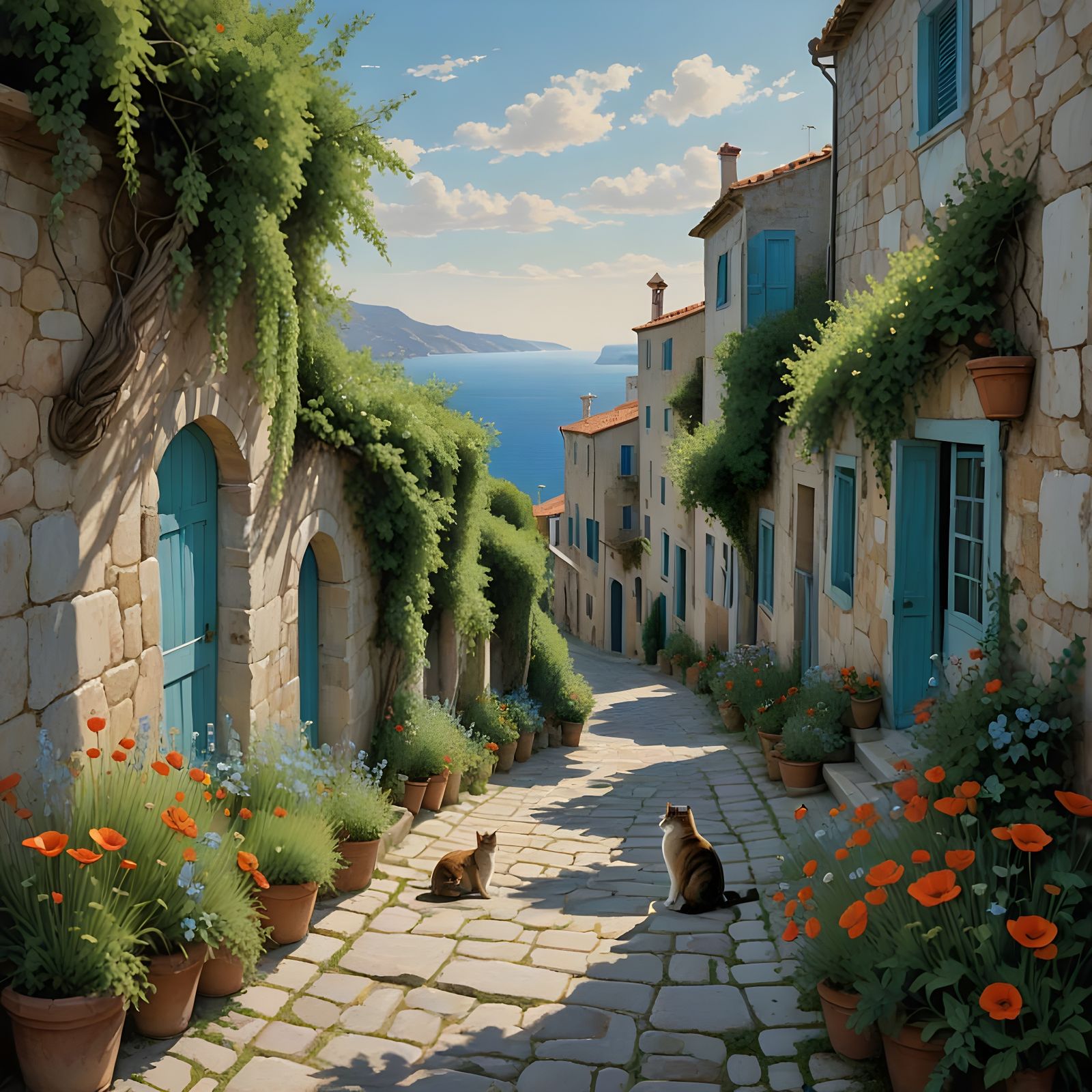 Whitewashed Greek Village Unfolds Under Sunlit Aegean Skies