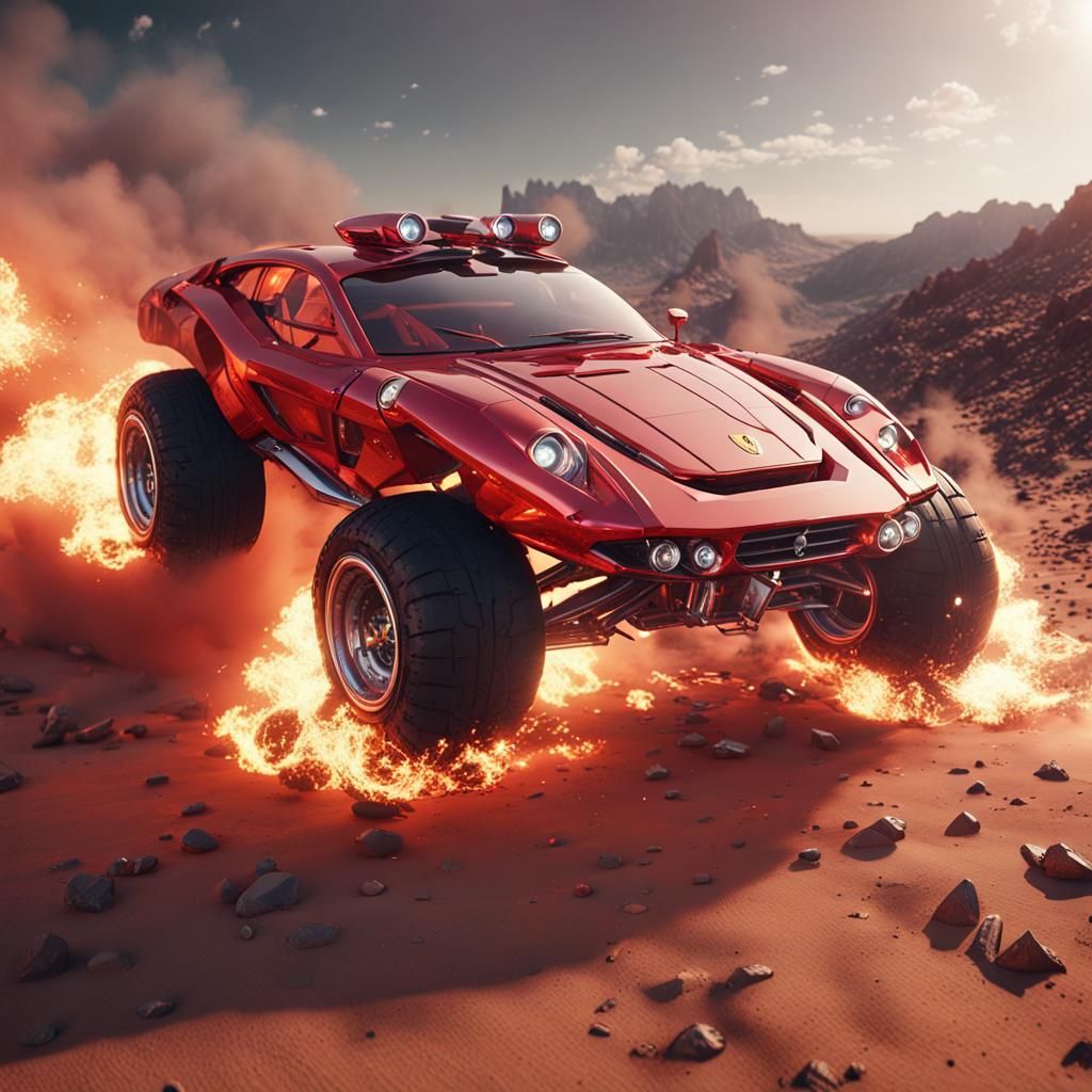 Futuristic Ferrari 4x4s Racing Through Fiery Desert