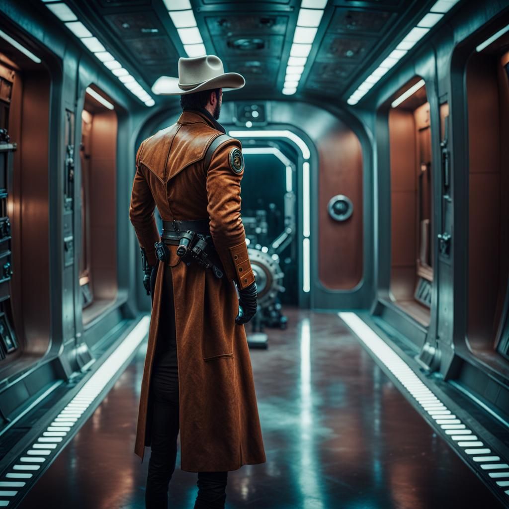 Retrofuture Space Cowboy Gunfight in Steampunk Spaceship