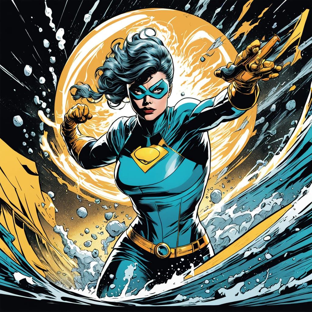 Aqua Girl Fights Evil in Retro Comic Book Style