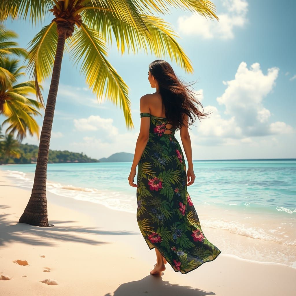 Woman on Sunny Beach in Post-Impressionist Style