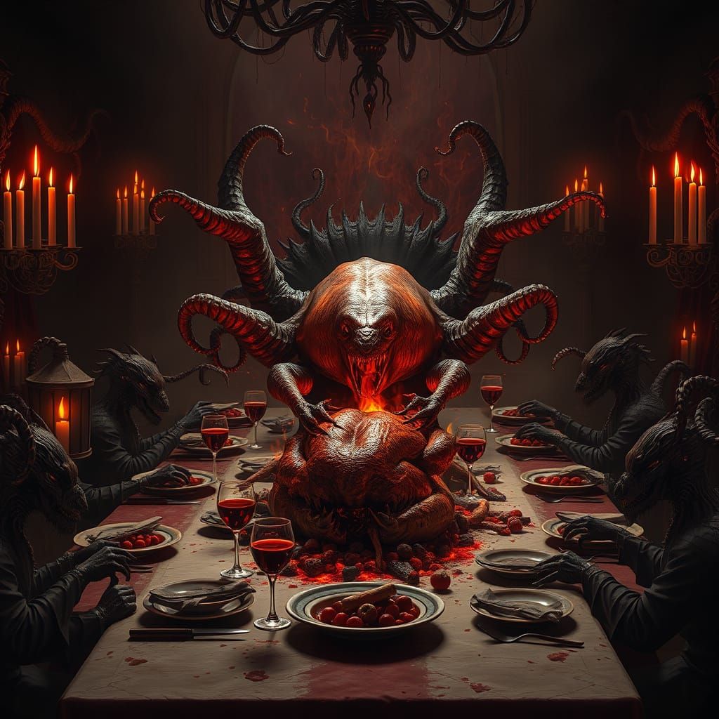Hellish Thanksgiving Feast in Dark, Grotesque Style