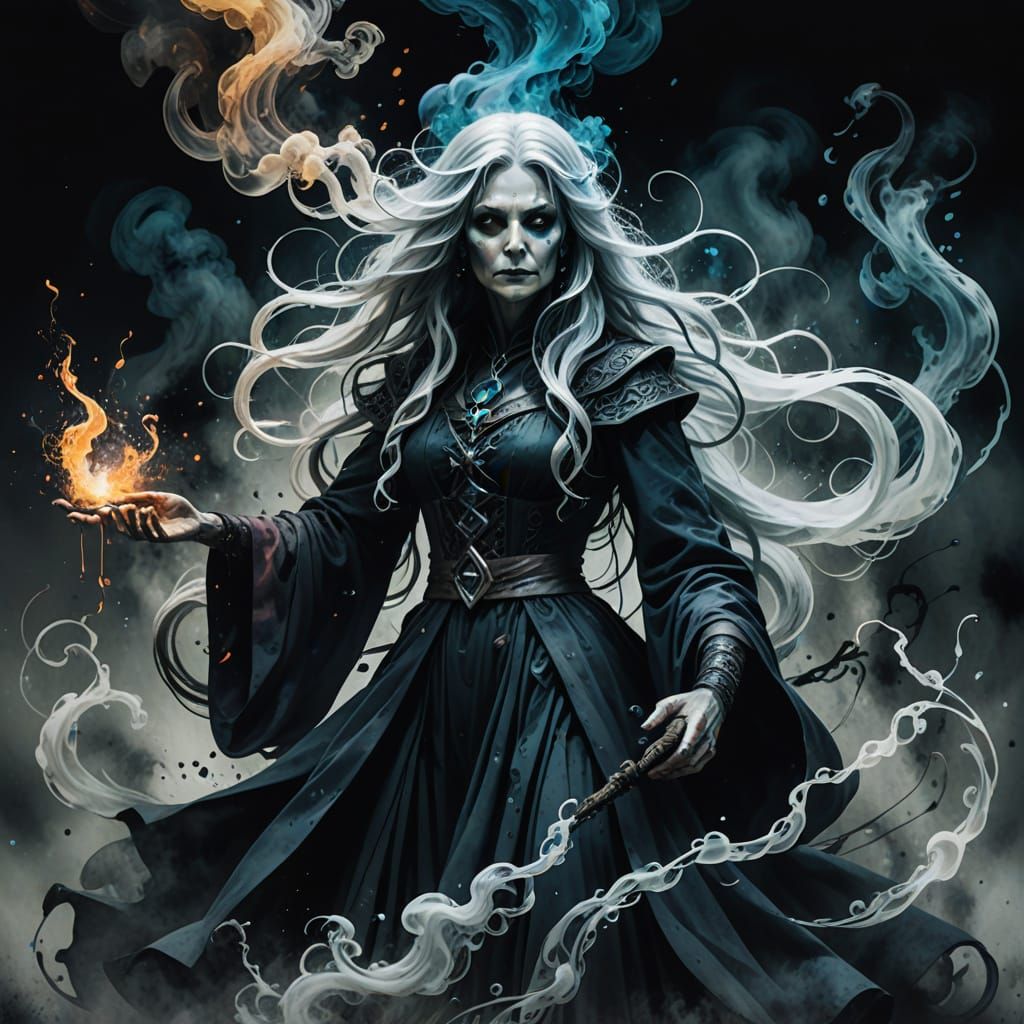 Mystical Witch of Smoke and Ink in Cosmic Splash Art Style