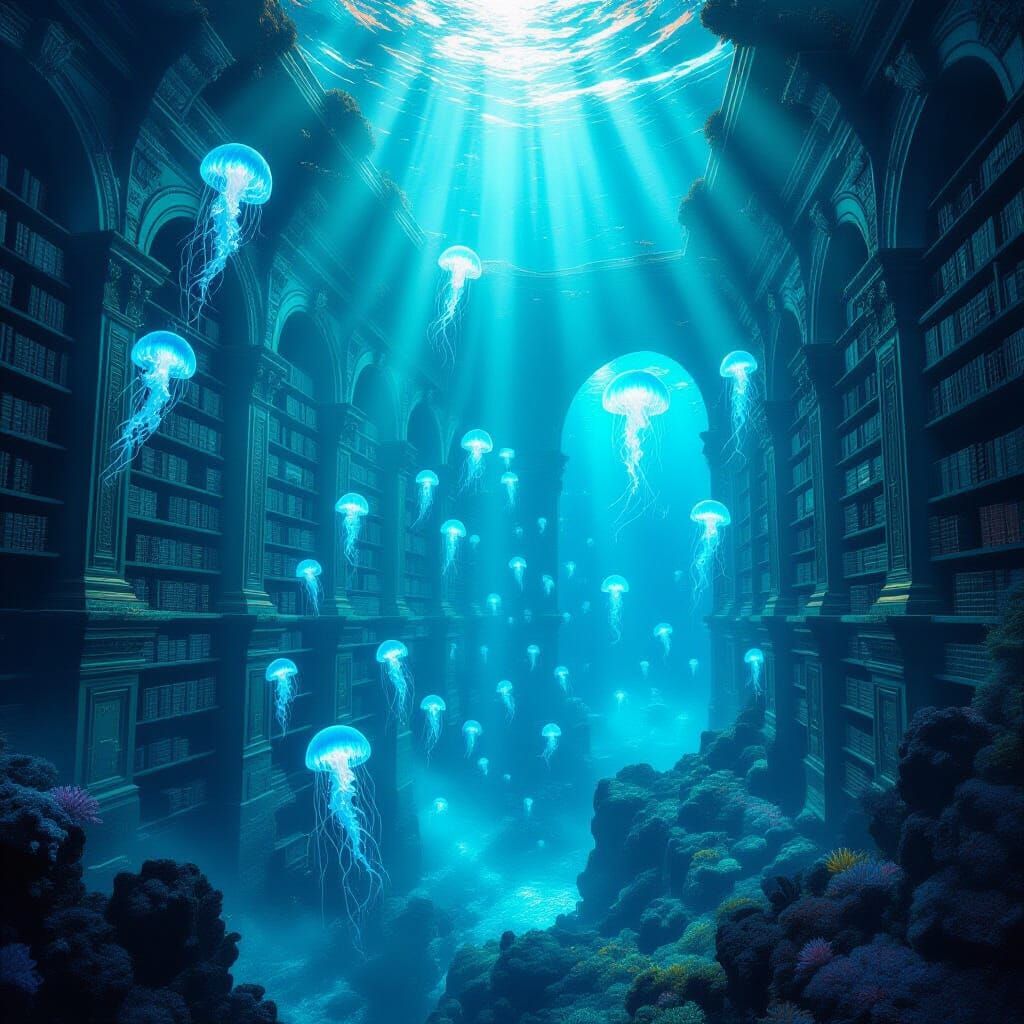 Submerged Art Nouveau Library with Glowing Jellyfish