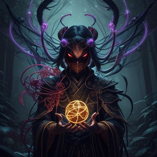 Spider Puppeteer in Mystical Neon Anime Forest