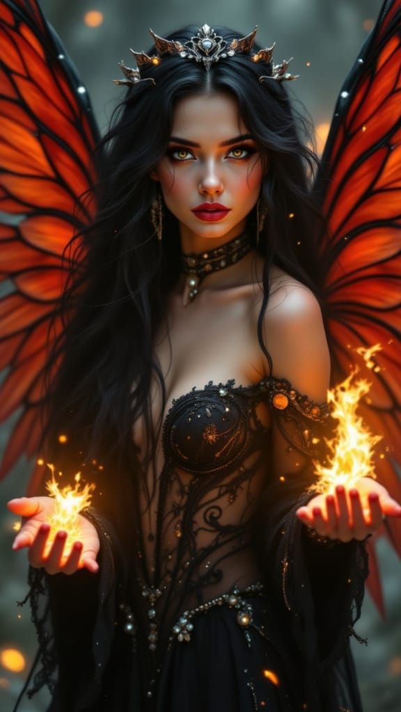 Gothic Biopunk Angel with Fireballs