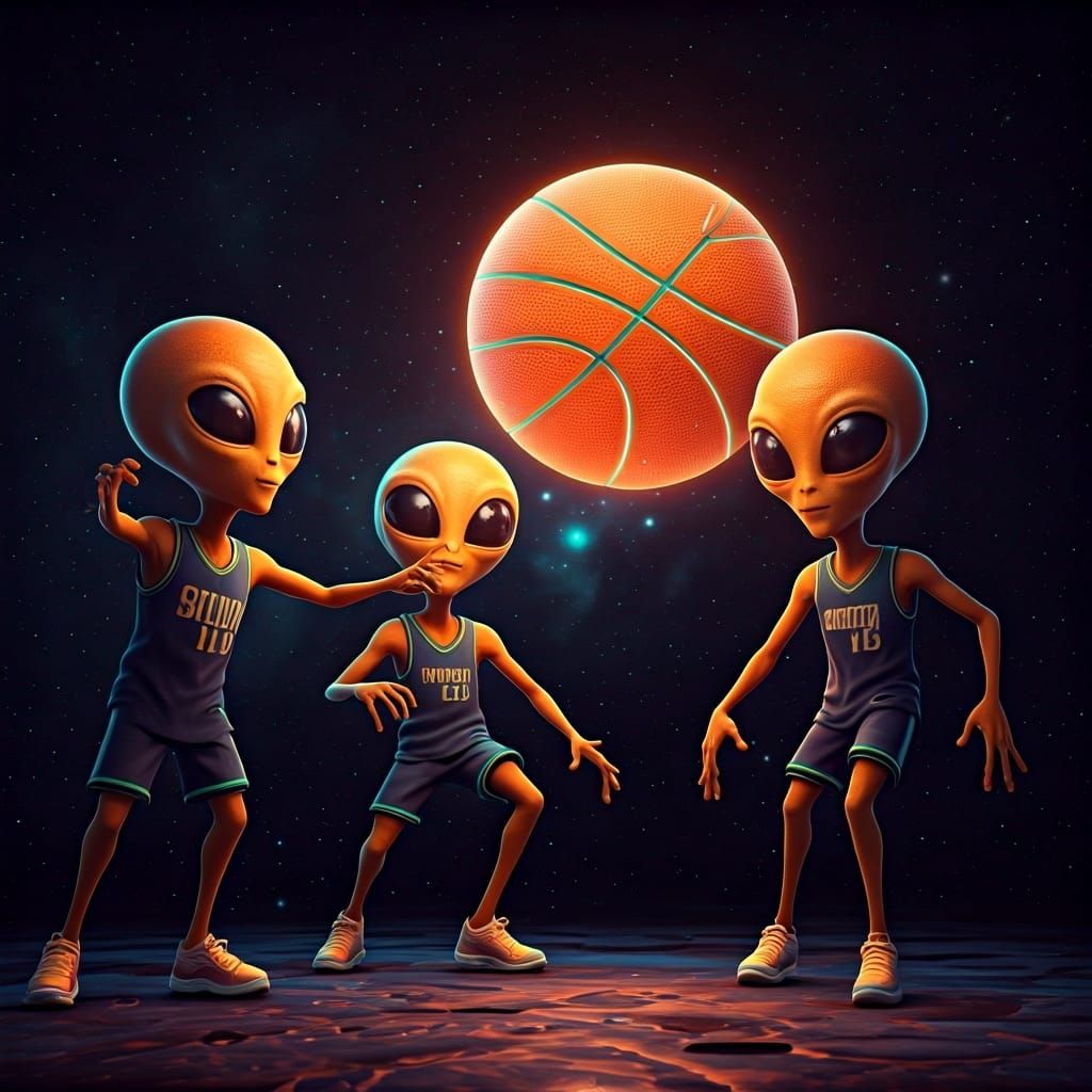 Orange Aliens Playing Basketball in Dreamcore Scene