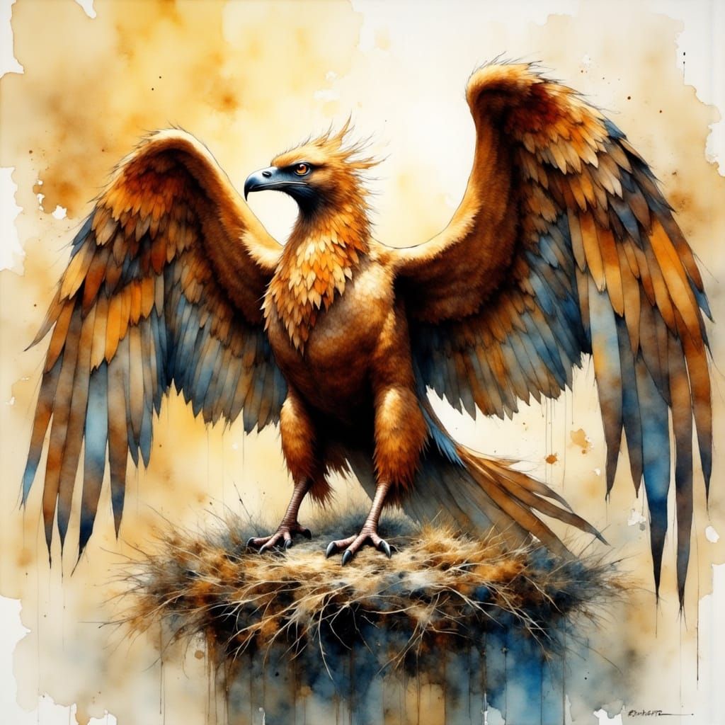 Majestic Griffin Protects Family in Vibrant Watercolor Art