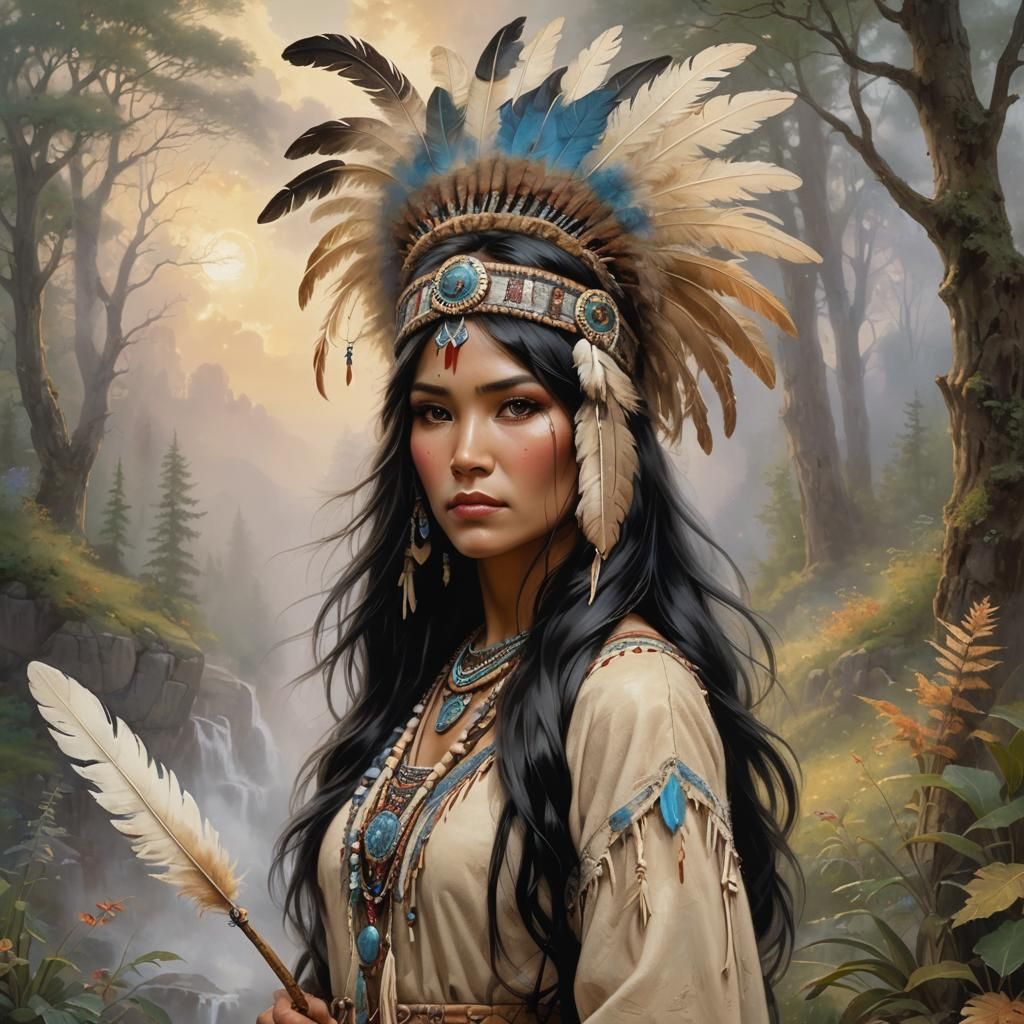 A short shubby native american medicine woman with long blac...