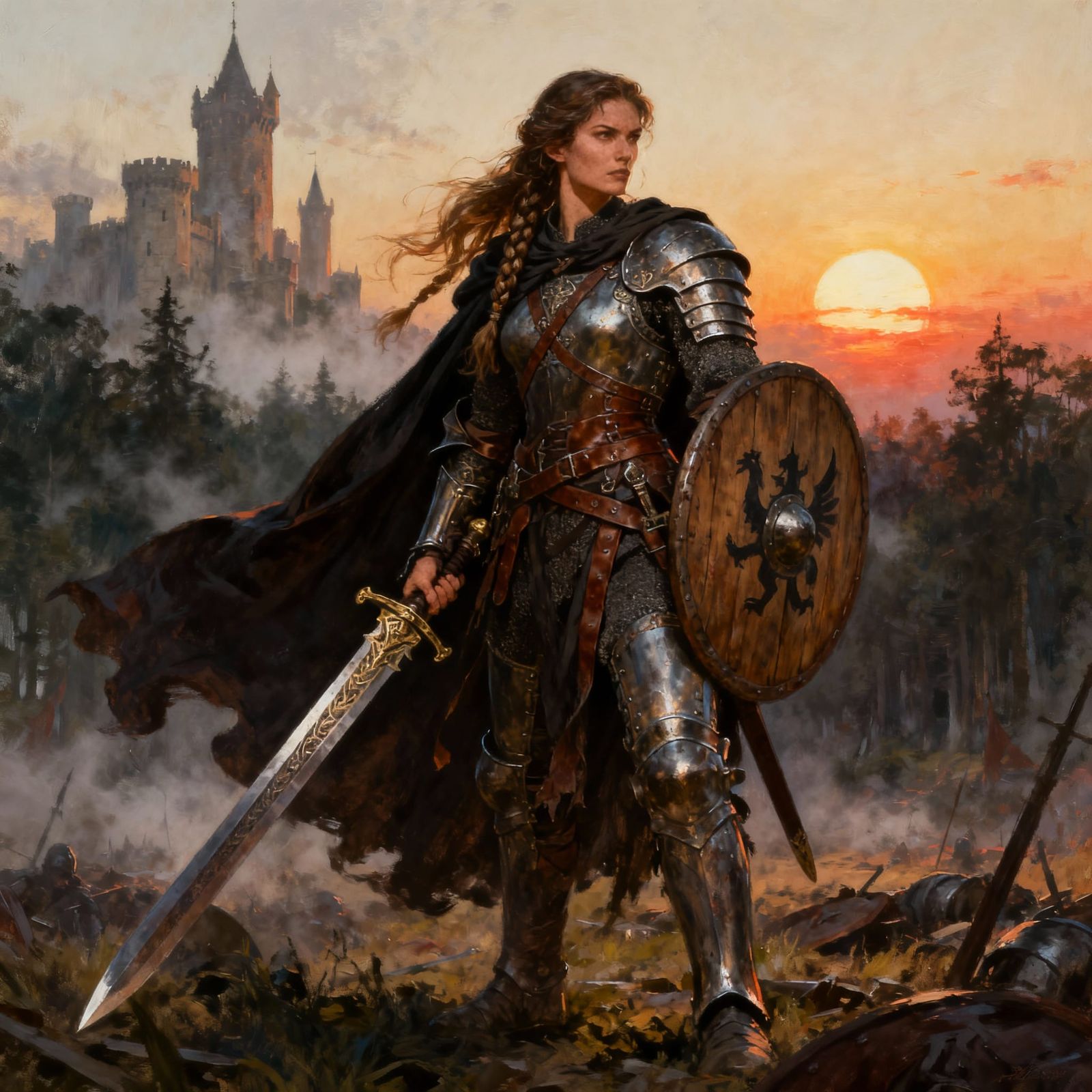 Warrior Woman on Battlefield at Dawn