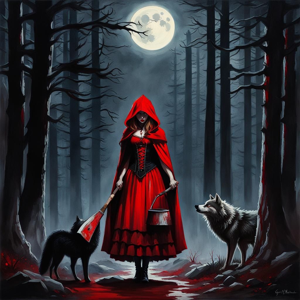 Grim Gothic Red Riding Hood with Wolf