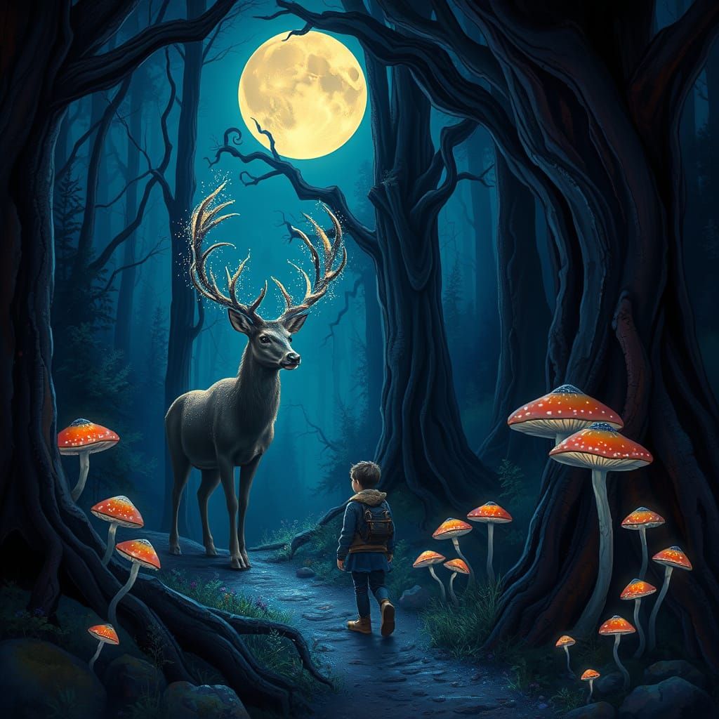 Stardust Deer Guides Traveler in Moonlit Forest