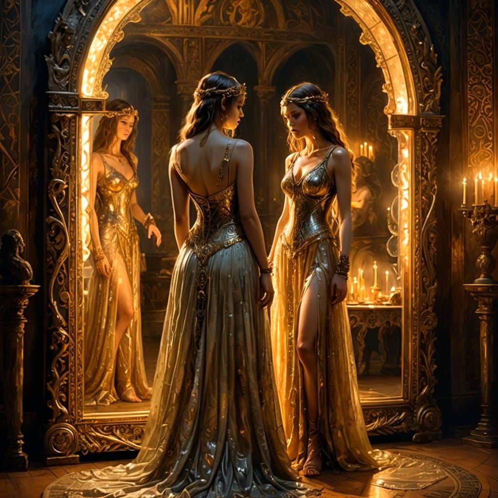 Princess and Sinister Reflection in Dark Fantasy Style
