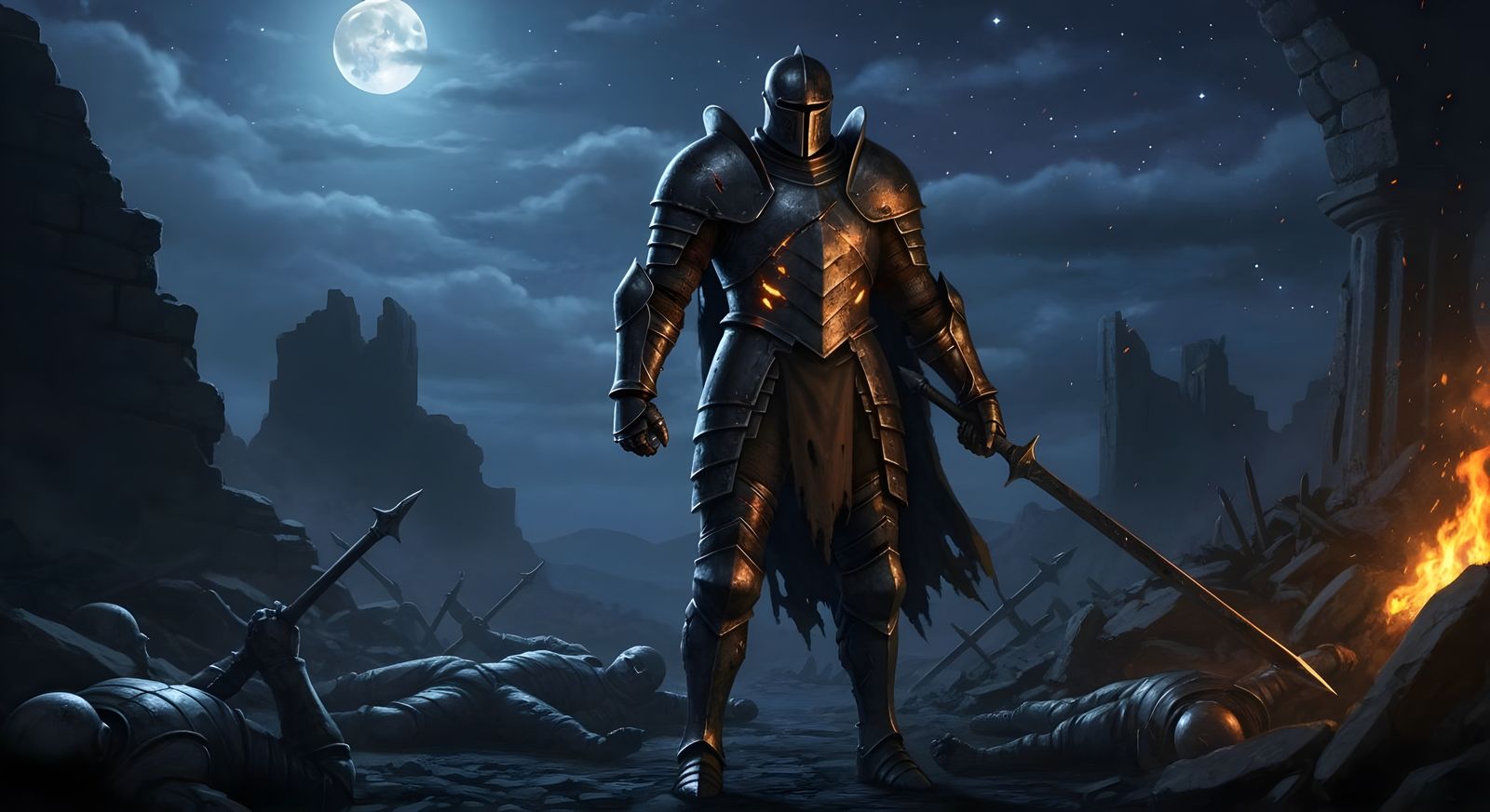 Battle-Scarred Knight Amidst Ruins at Night