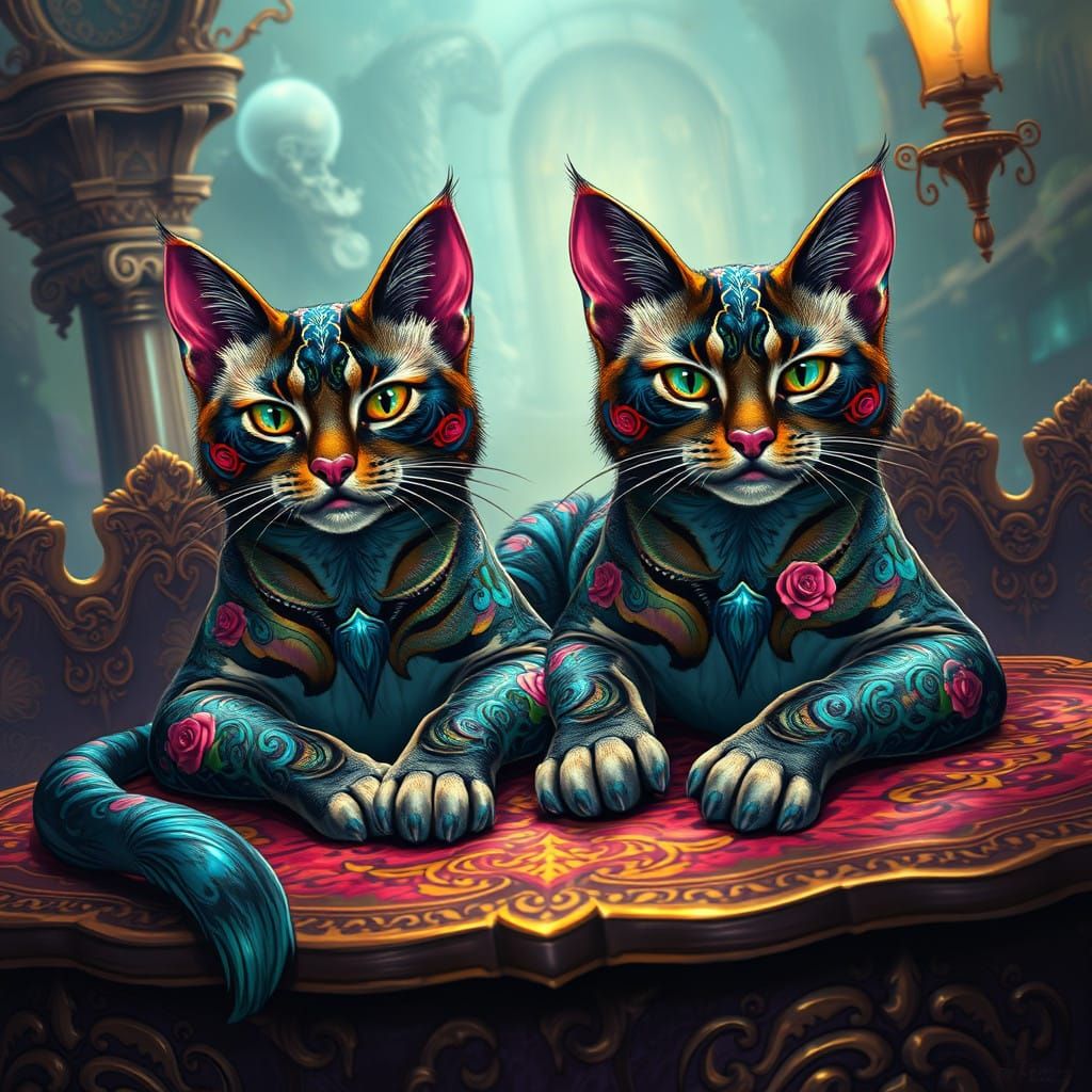 Regal Tattooed Felines on Mystical Table