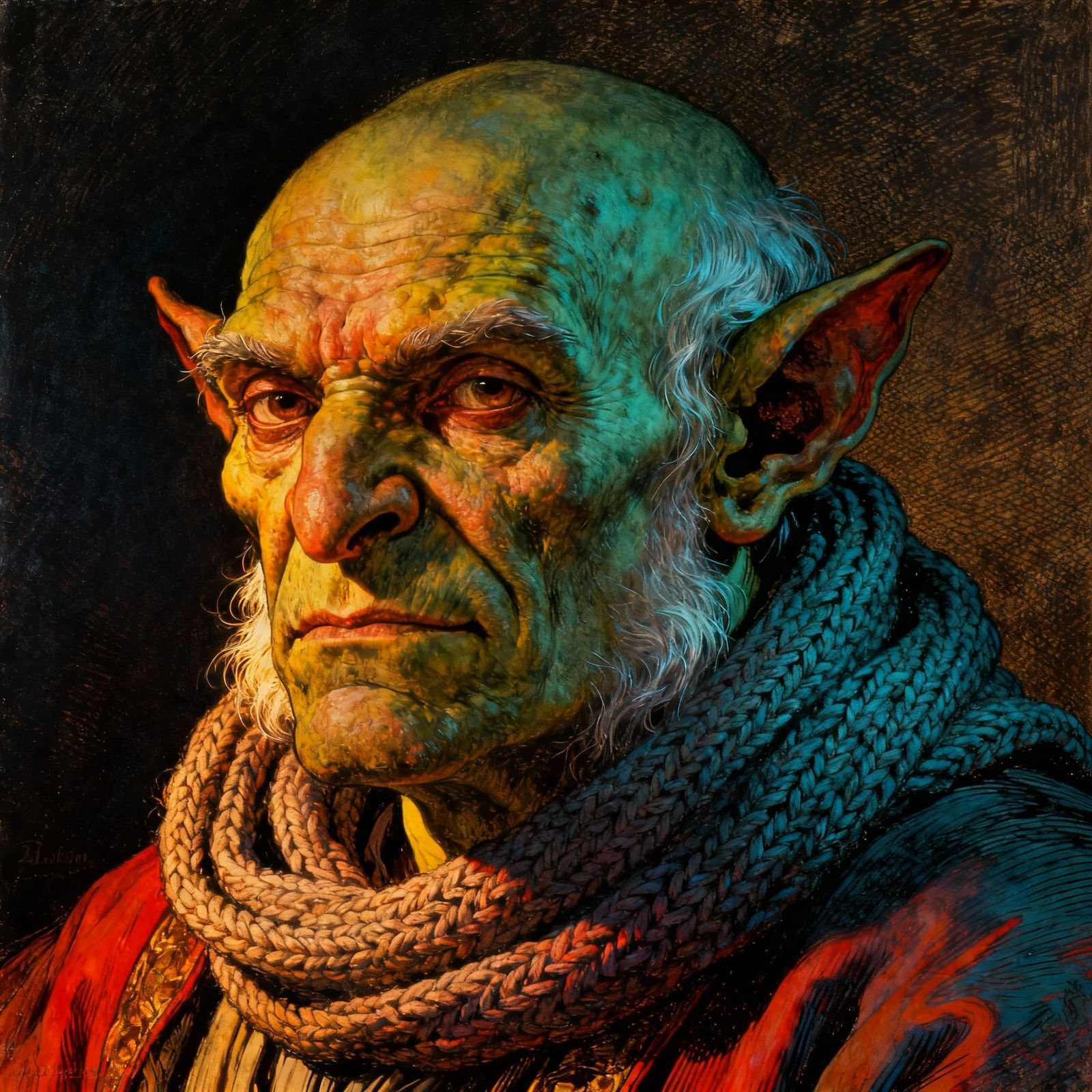 Grizzled Orc Ascetic with Knit Scarf in Dramatic Light
