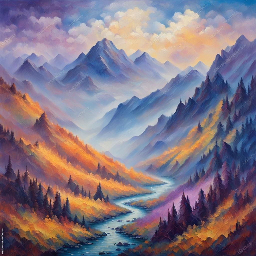 Neo-Impressionistic Mountains Shrouded in Fog, Impasto Oil P...