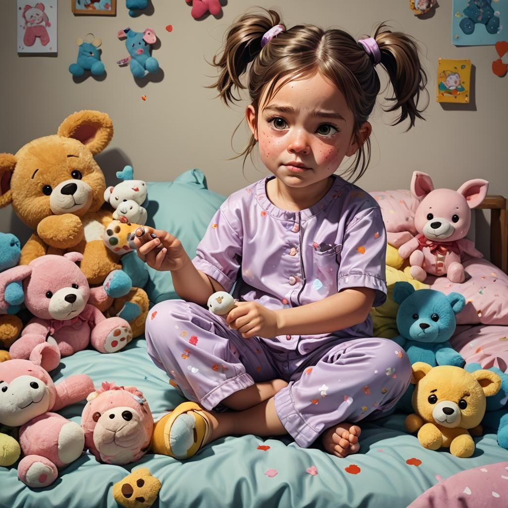 Girl Playing with Stuffed Animals in Burton Style