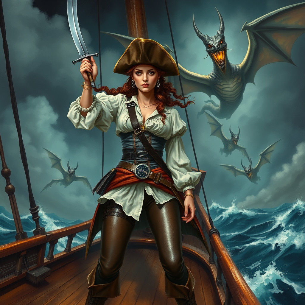 Pirate Captain Confronts Dragon Storm on the Sea