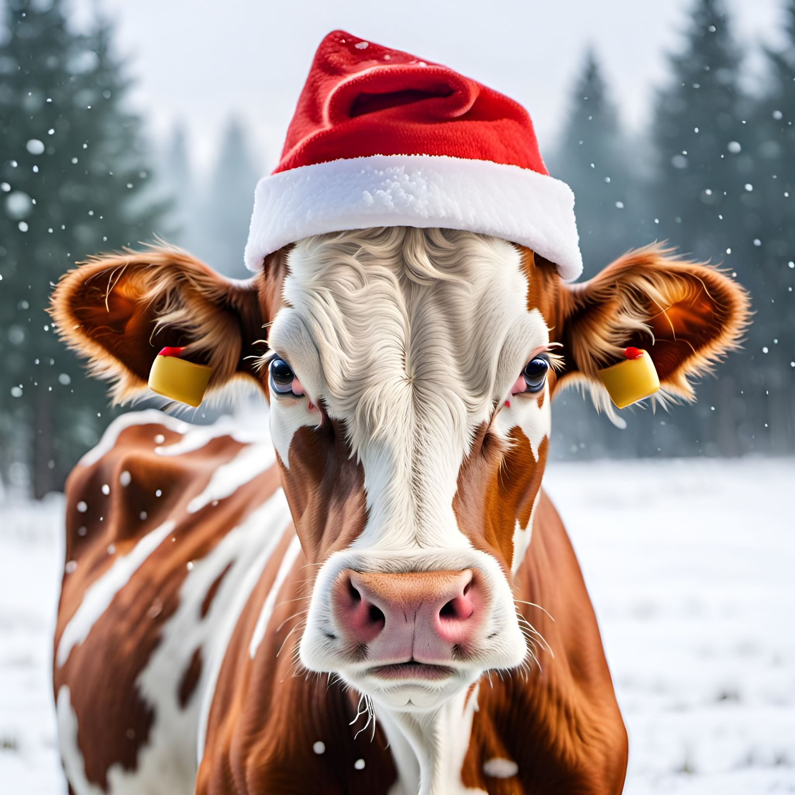 Festive Cartoon Cow in Santa Hat on Snowy Day