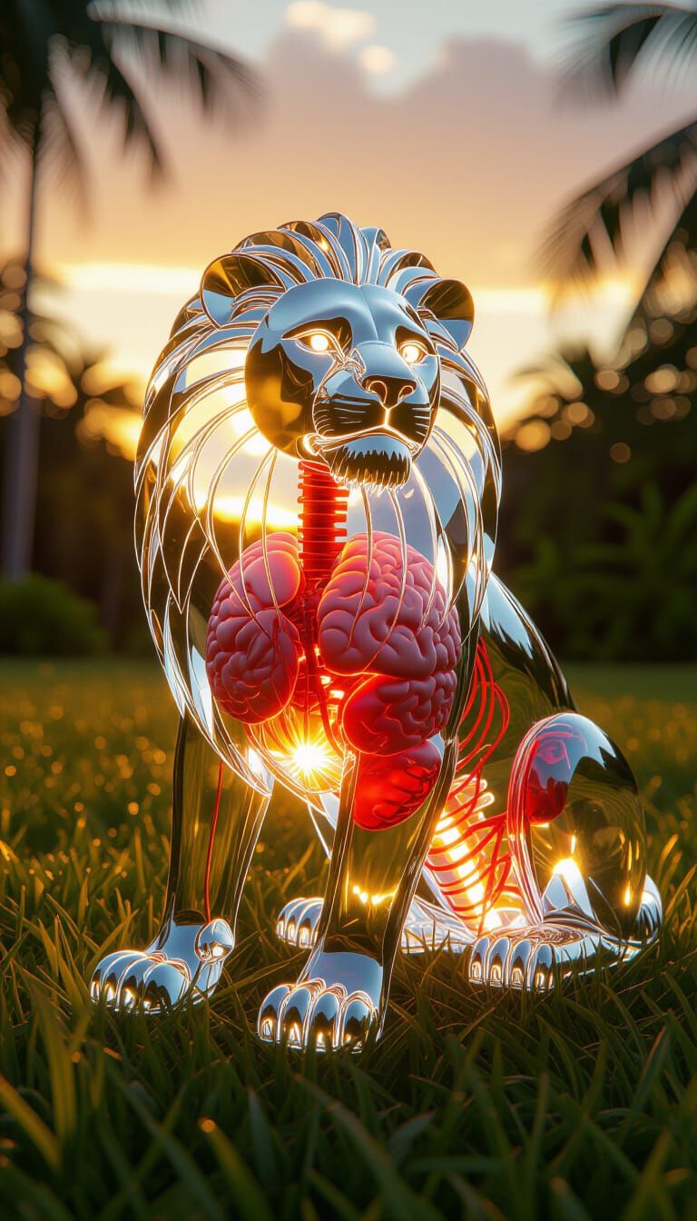 Crystal Lion with Visible Organs in Surreal Style