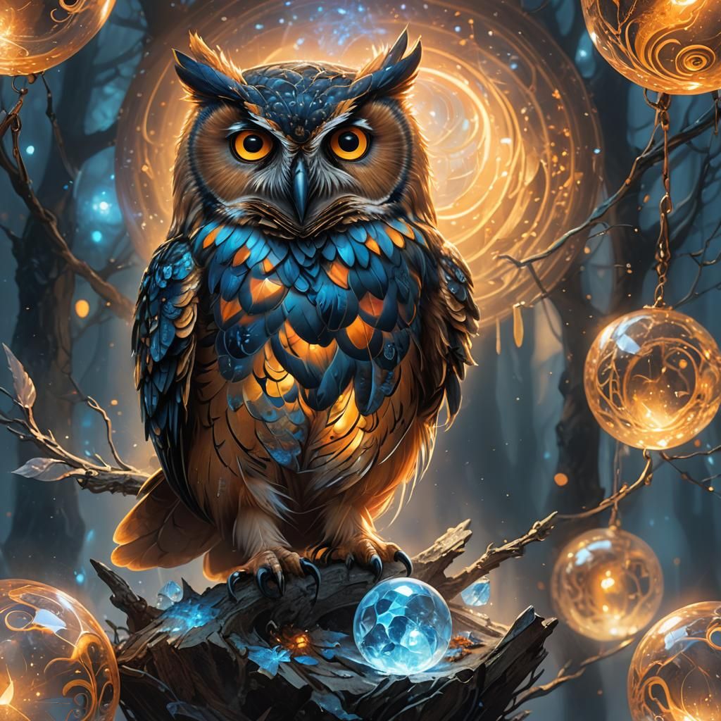 Elemental Owl on Crystal Orb in Art Nouveau Style