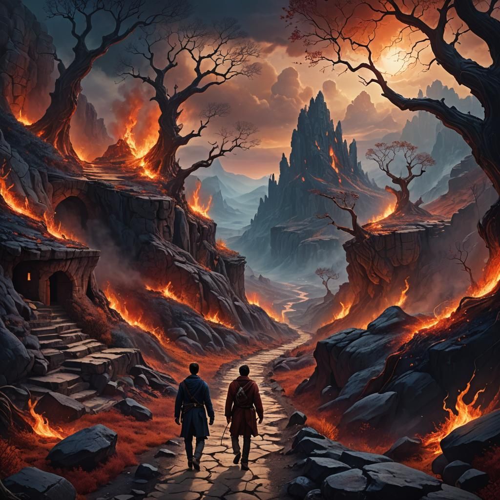 Dark Fantasy Man Walks to Burning Hellscape