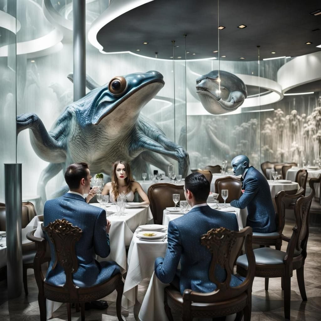 Surreal Restaurant with Aliens in Hyperrealistic Photography
