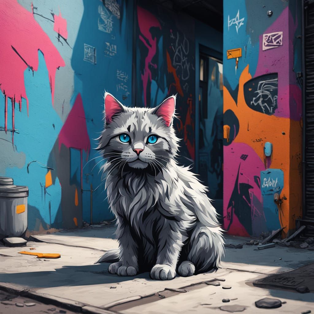 Adorable Baby Cat in Vibrant Urban Alleyway Graffiti