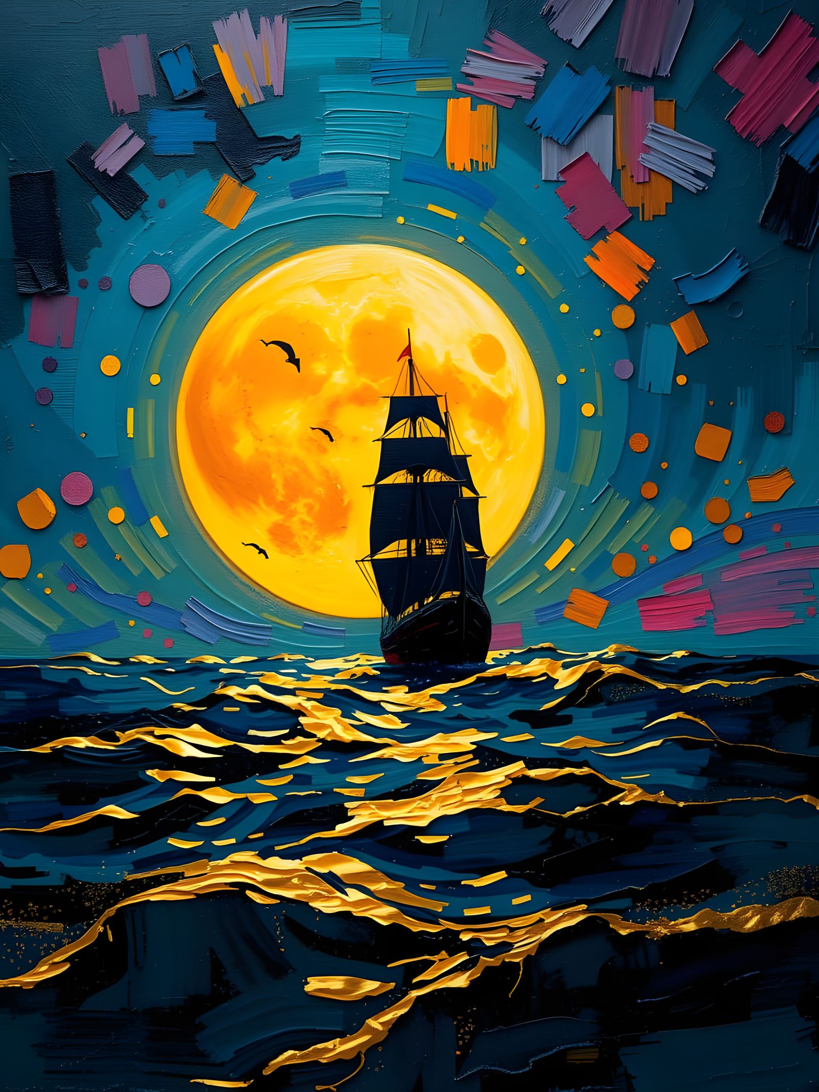 Ship Silhouetted by Moon: Impasto Oil Painting