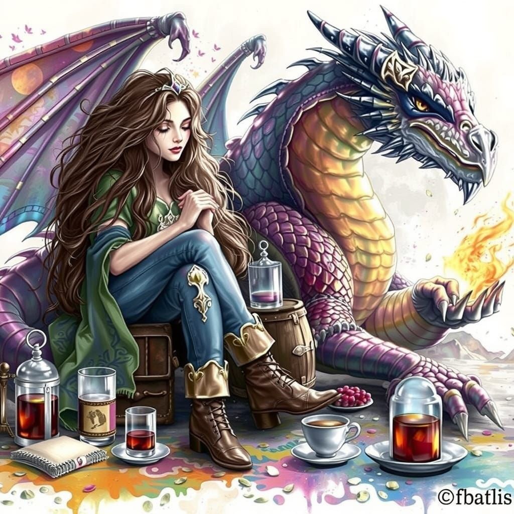 Regal Woman and Majestic Dragon in a Surrealist Landscape