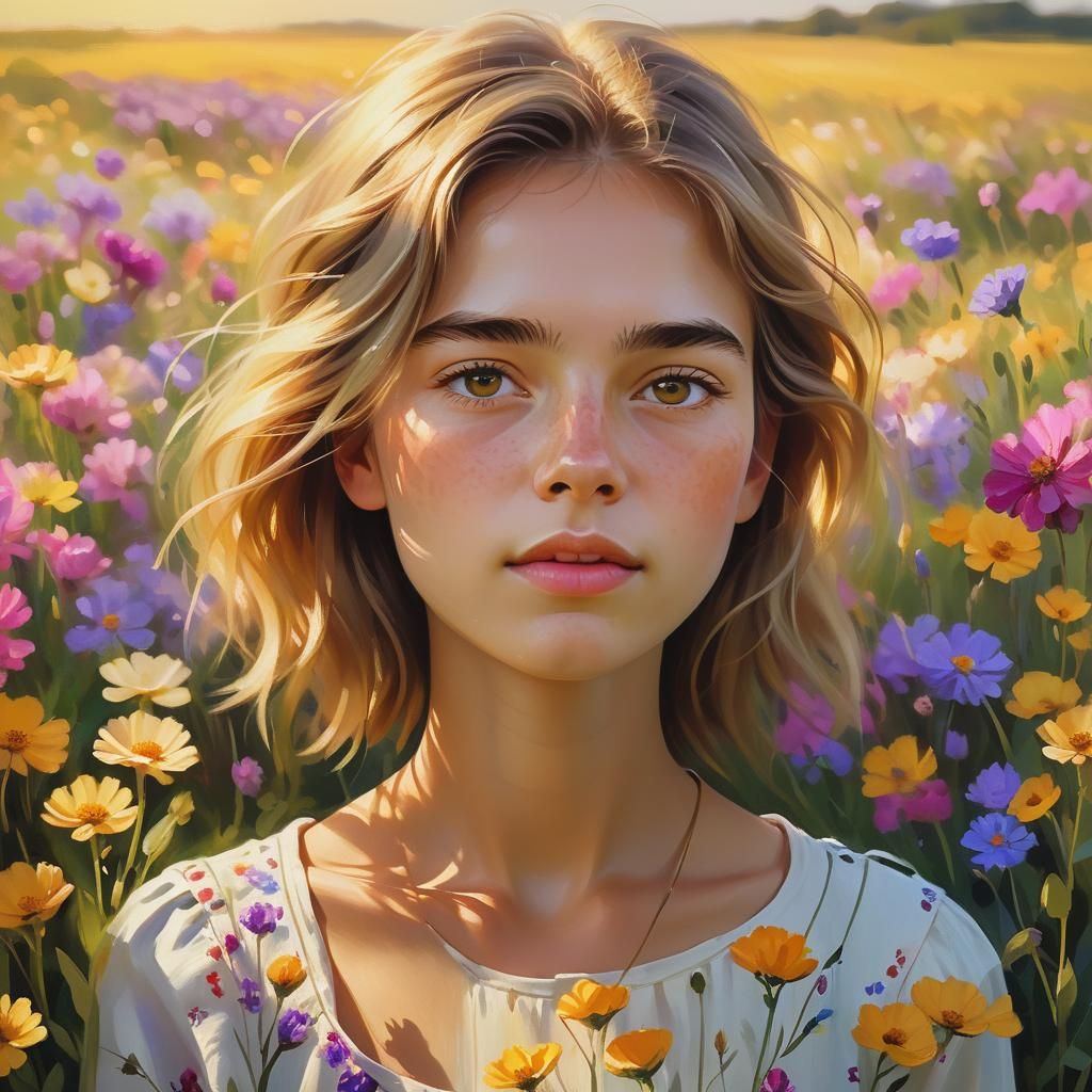 Vibrant Oil Painting: Person in Flower Field