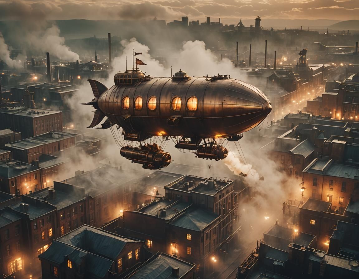 Steampunk Airship Over Industrial City