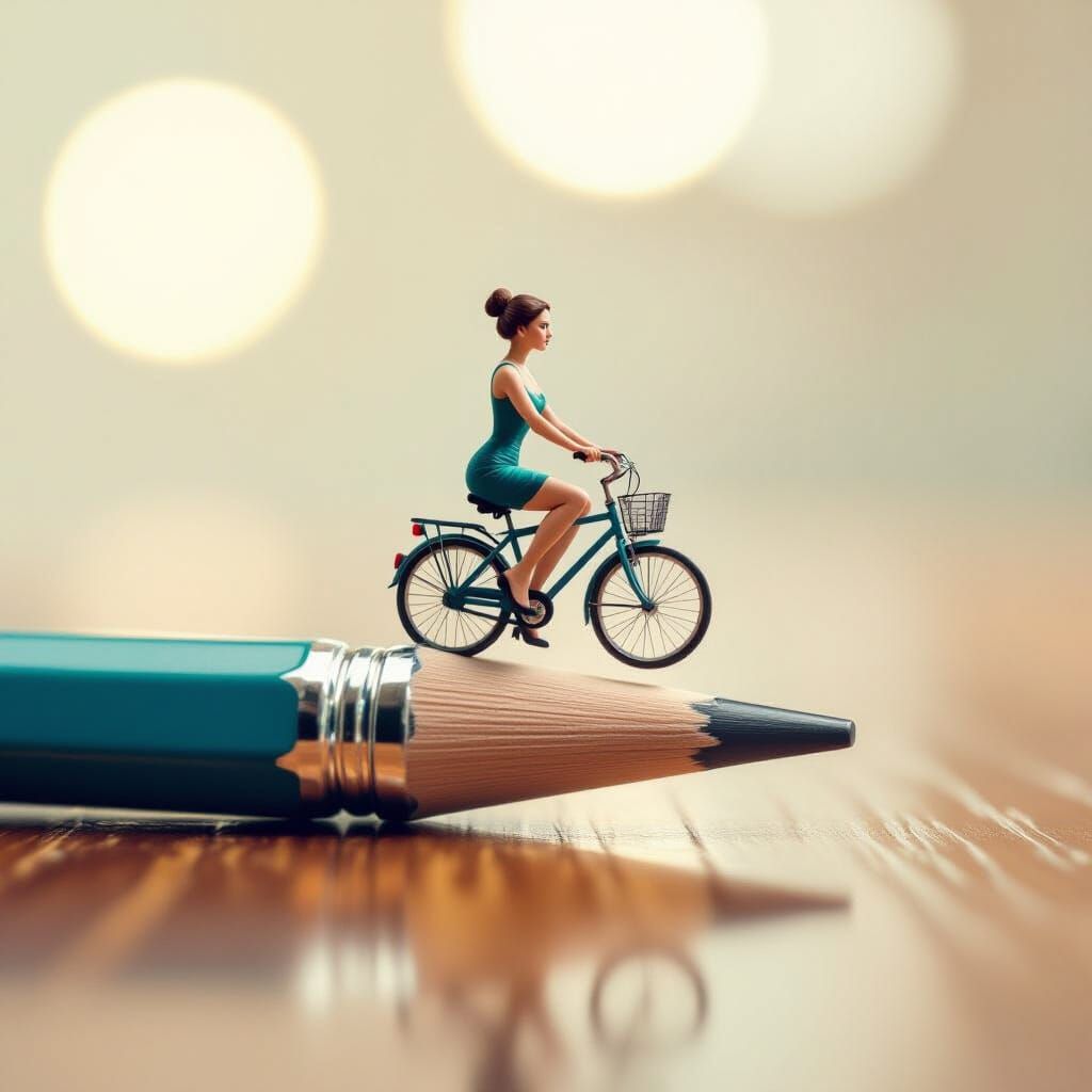 Miniature Cyclist on Giant Pencil