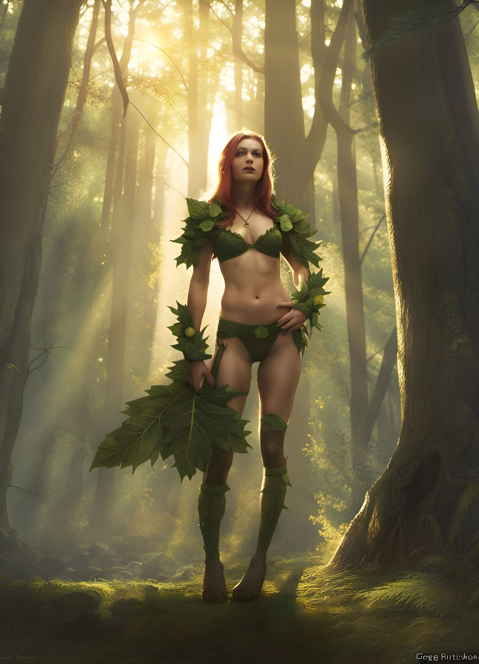 Leaf Bikini Elf in Sunlit Forest: Fantasy Art