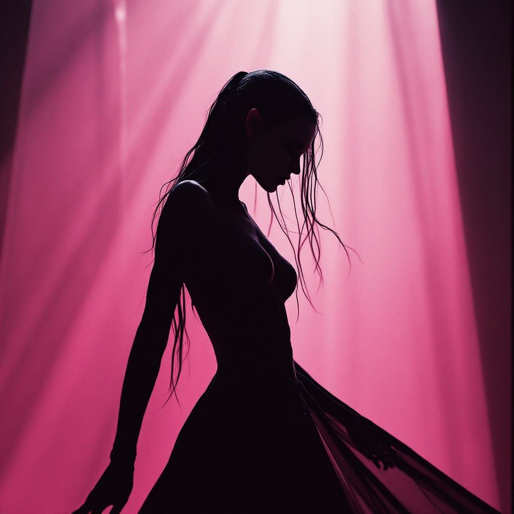 Elven Pole Dancer Silhouette in Dramatic Pink Shadows