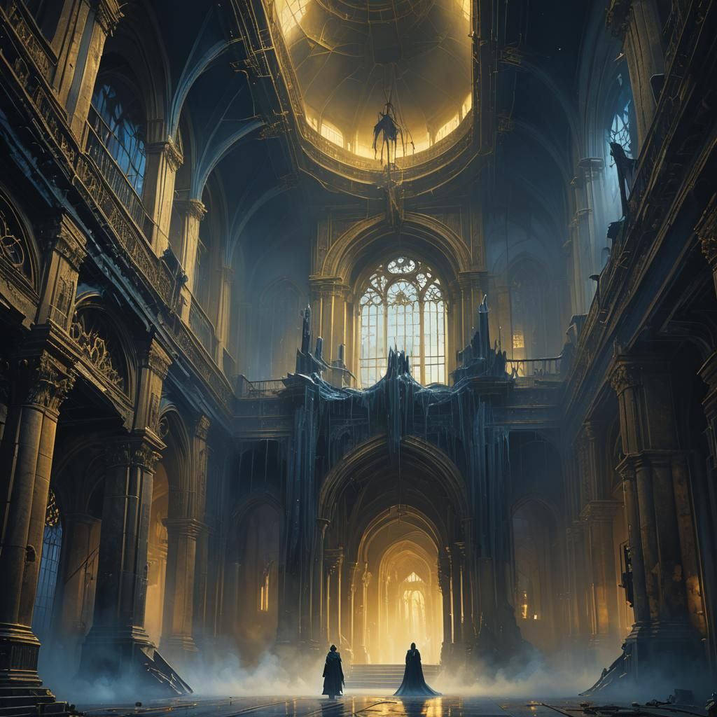 Ghostly Creature Emerges in Abandoned Gothic Hall