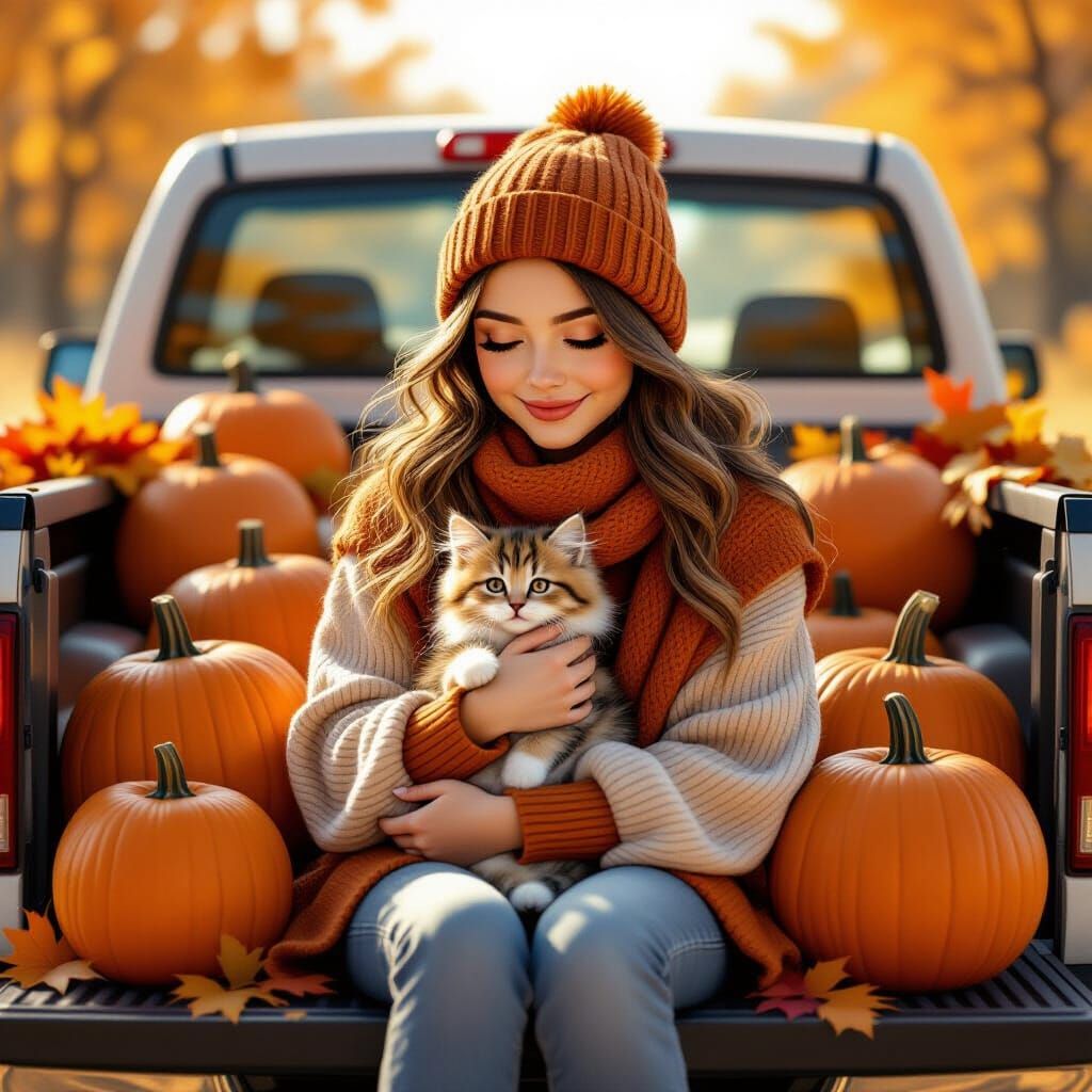 Woman Holds Kitten in Pumpkin Truck, Autumn Scene