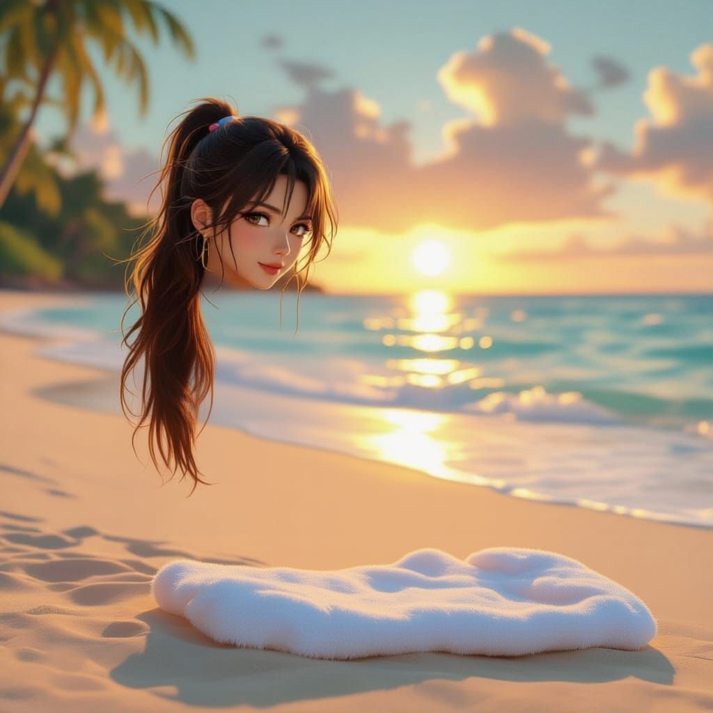 Woman Tanning in Yellow Bikini at Golden Hour Beach