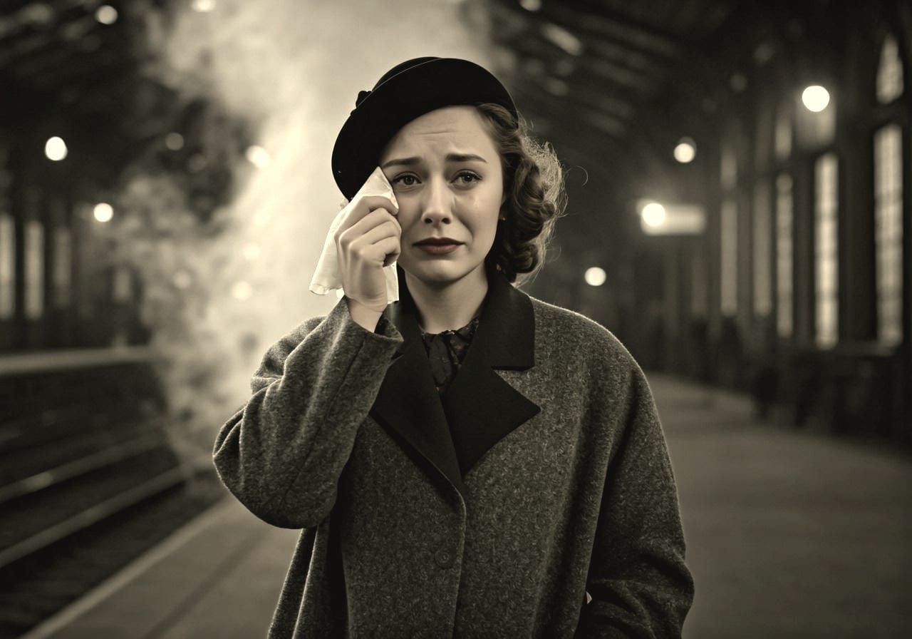 1940s Train Station Farewell in Black and White