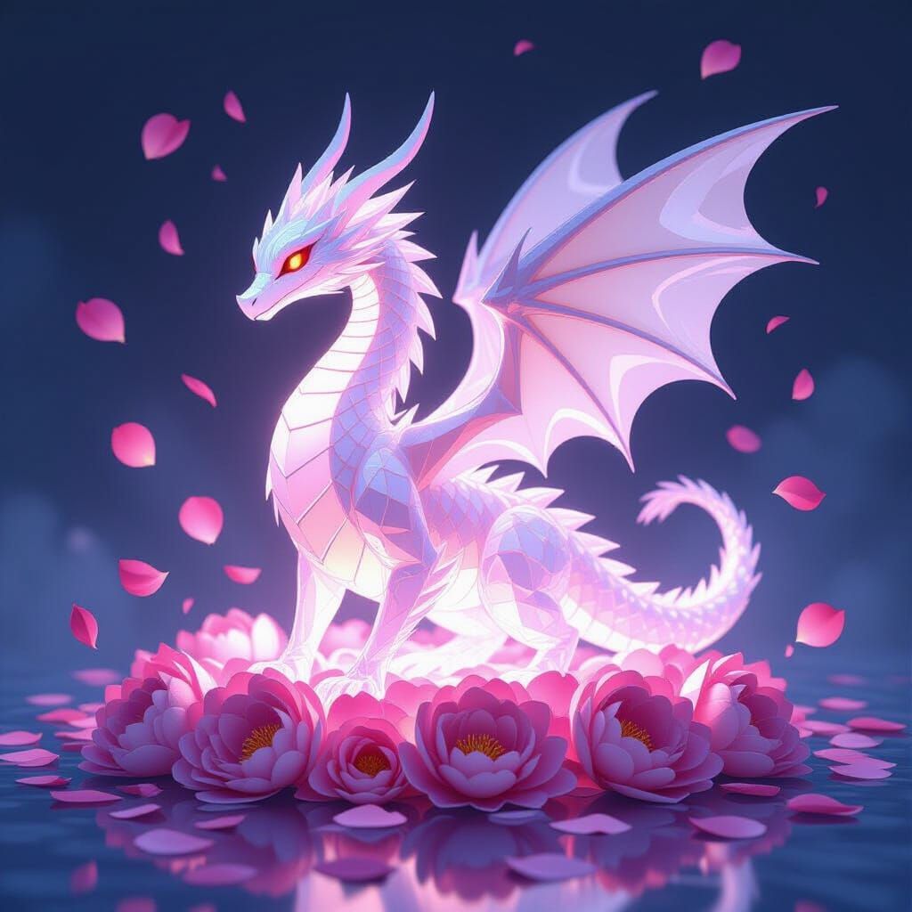 Glowing Crystal Dragon Statue Amidst Peony Petals