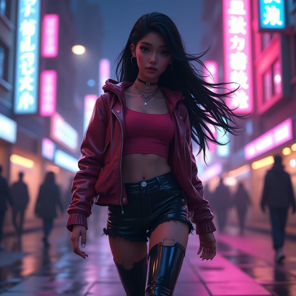 Futuristic Teen Girl Strides Through Neon Cityscape