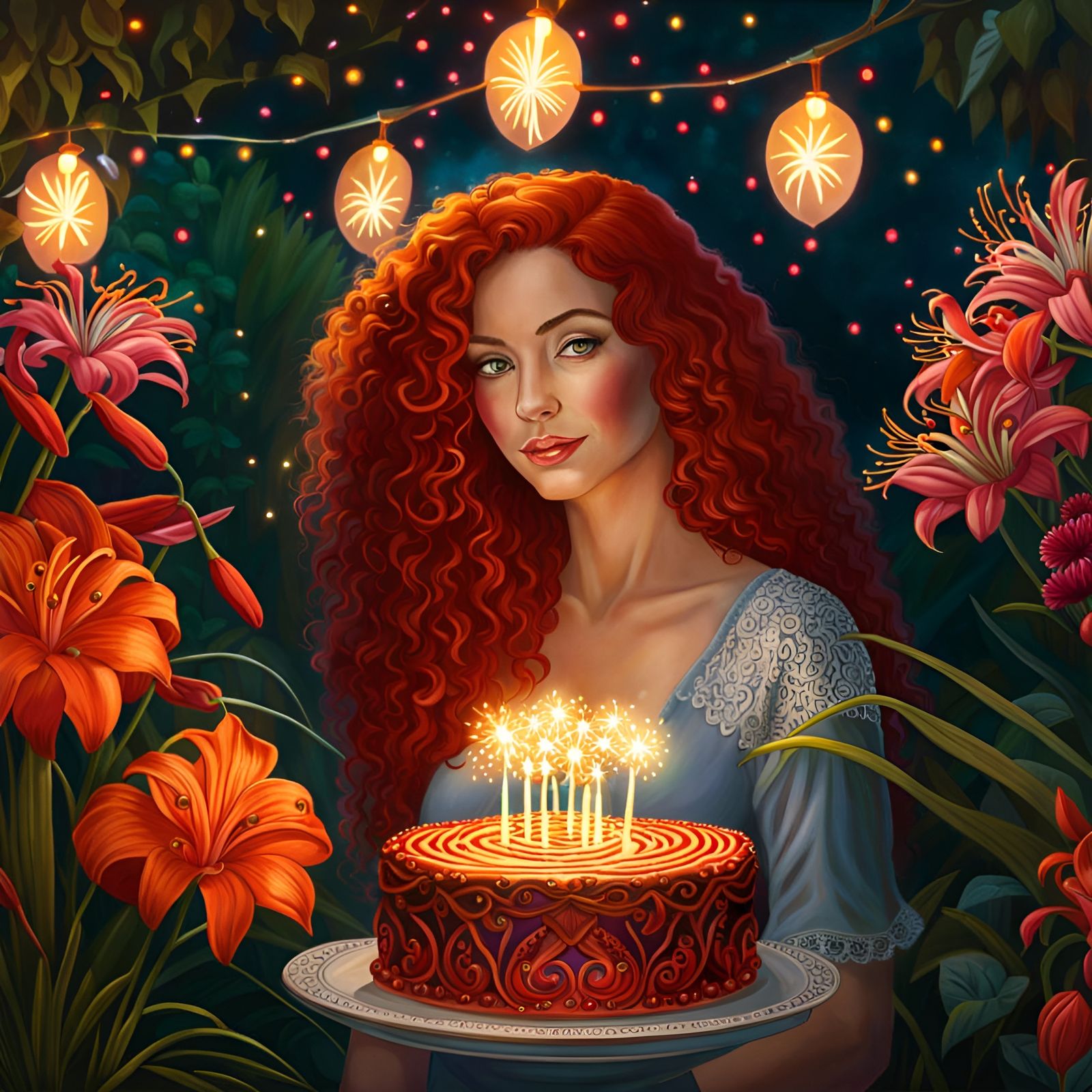 Woman with Birthday Cake in Garden, Impressionist Style