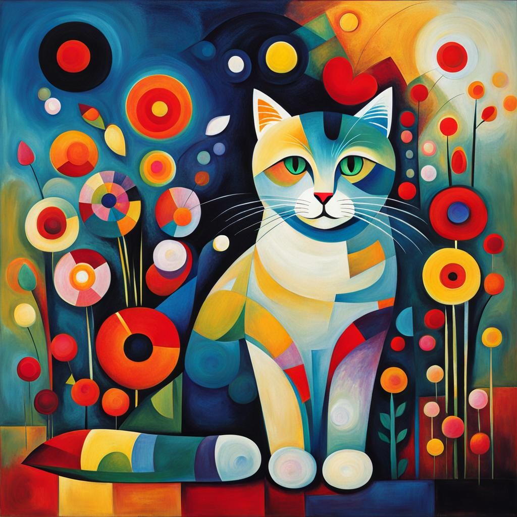 Abstract Cat Surrounded by Flowers and Lights