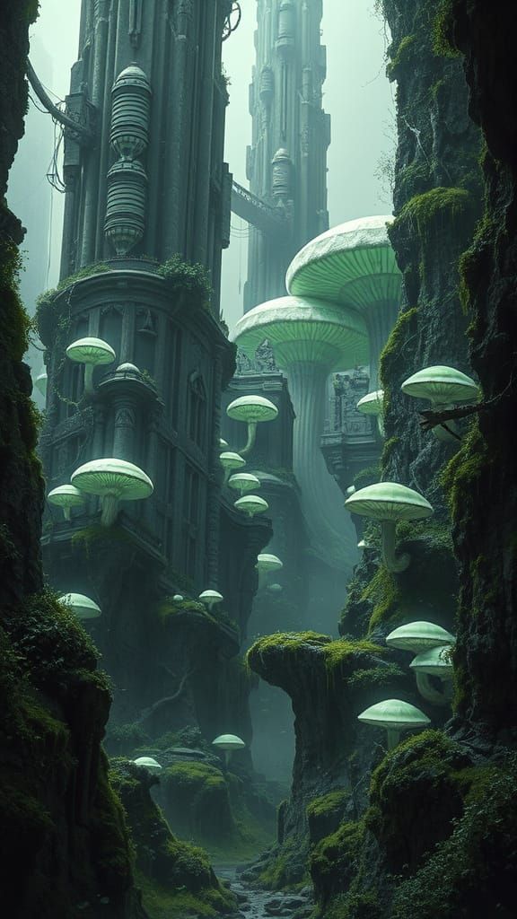 Overgrown Stone City with Bioluminescent Fungi